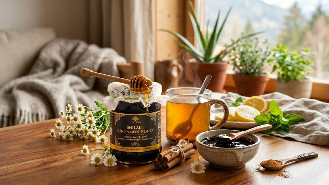 Benefits of Raw Honey with Shilajit featured in a cozy natural setting with cinnamon sticks and tea.