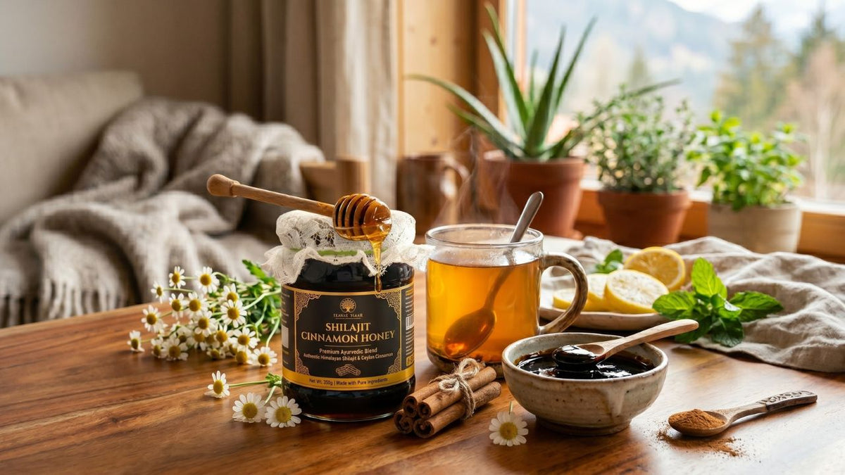 Benefits of Raw Honey with Shilajit featured in a cozy natural setting with cinnamon sticks and tea.