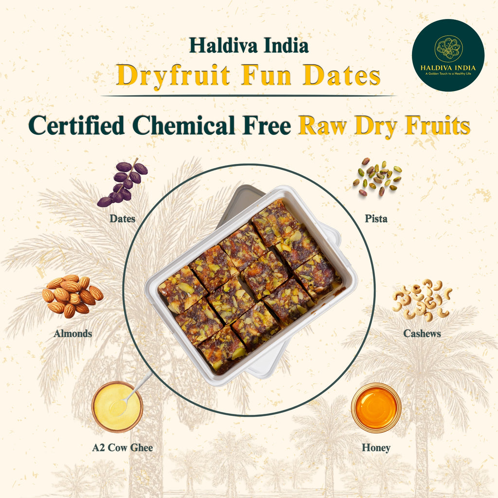 Haldiva India Dryfruit Fundates image featuring dates, almonds, cashews, and other raw dry fruits in a plastic container.