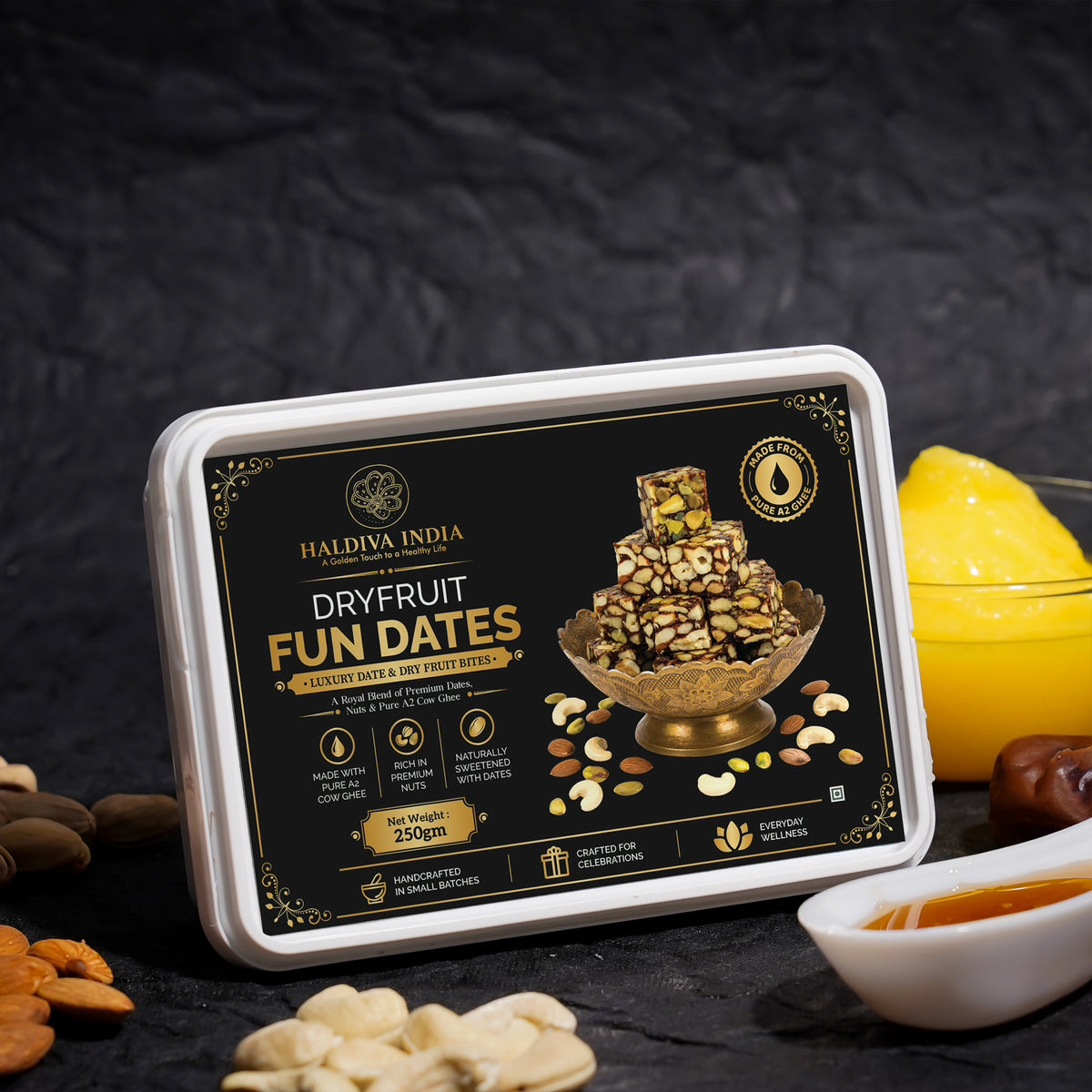 Haldiva Dryfruit Fundates 250g packaging with dates and dry fruits, perfect for snacking and gifting.