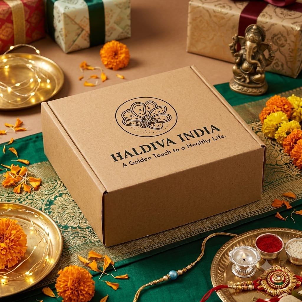 Rakhi Gift Hamper packaging with Haldiva India branding for a festive celebration.