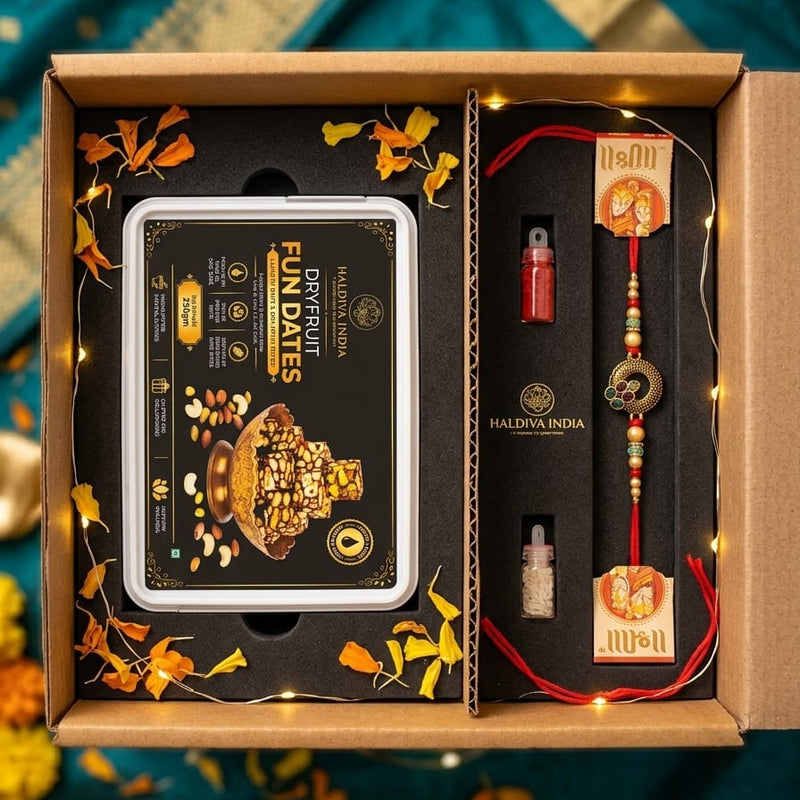 Rakhi Gift Hamper featuring Dry Fruit Fun Dates, Designer Rakhi and Tilak Kit for Raksha Bandhan celebration.